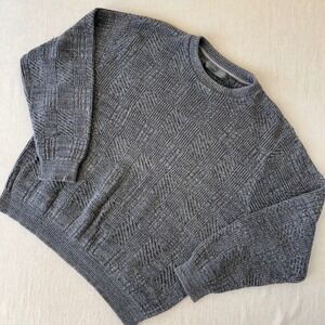 Oscar de la Renta Mens Grey Basketweave Knit Crewneck Sweater Cotton Blend Large